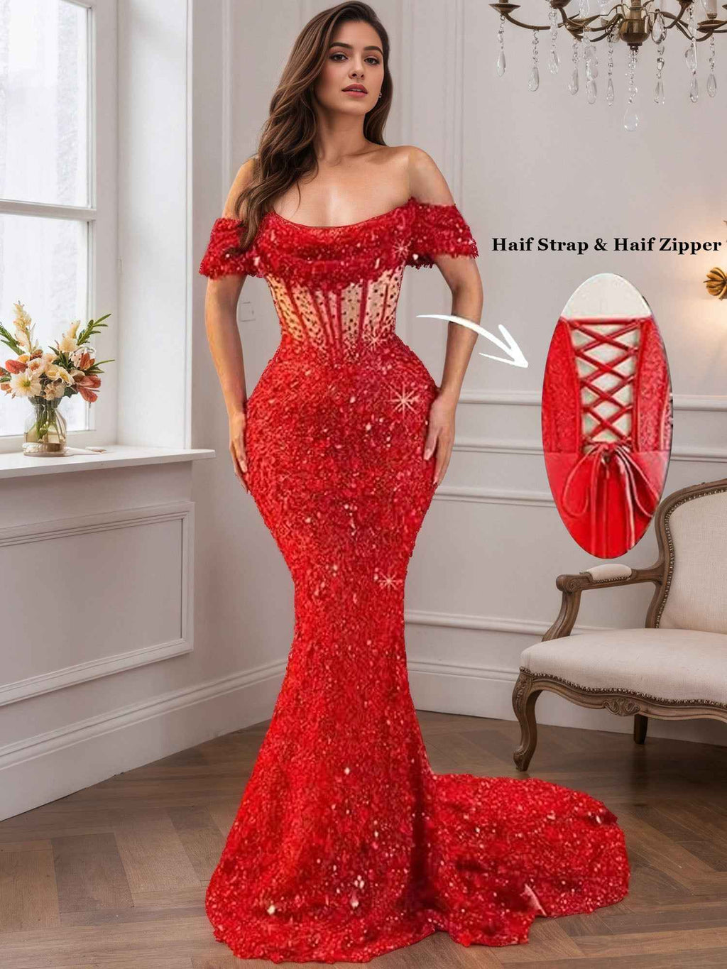 Mermaid Off Shoulder Sequin Prom Dress With Cutout Bodice