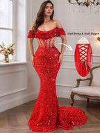 Mermaid Off Shoulder Sequin Prom Dress With Cutout Bodice