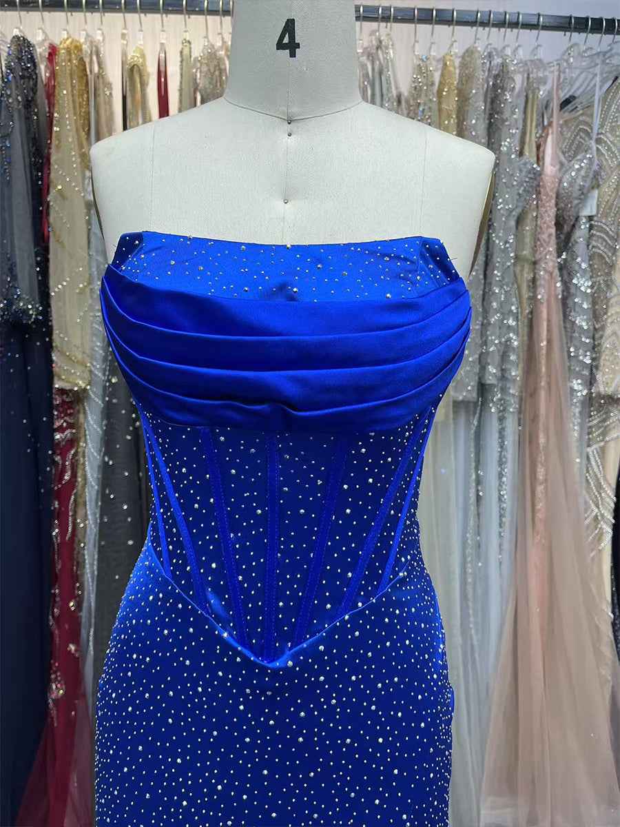 Royal Blue Mermaid Strapless Corset Prom Dress With Rhinestones And Ruffle Slit