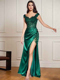 Emerald Green Sheath V Neck Long Appliqued Prom Dress With Slit