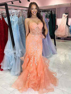 Orange Mermaid Spaghetti Tulle Tiered Long Prom Dress