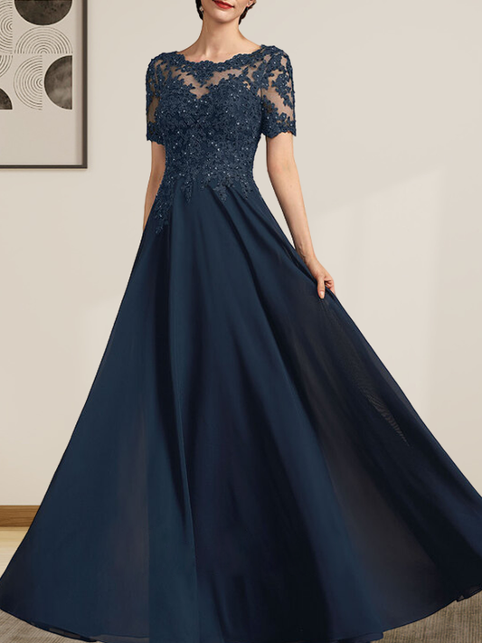 Vestido de gasa con encaje y lentejuelas para madre de la novia, largo hasta el suelo, con escote en A y ilusión