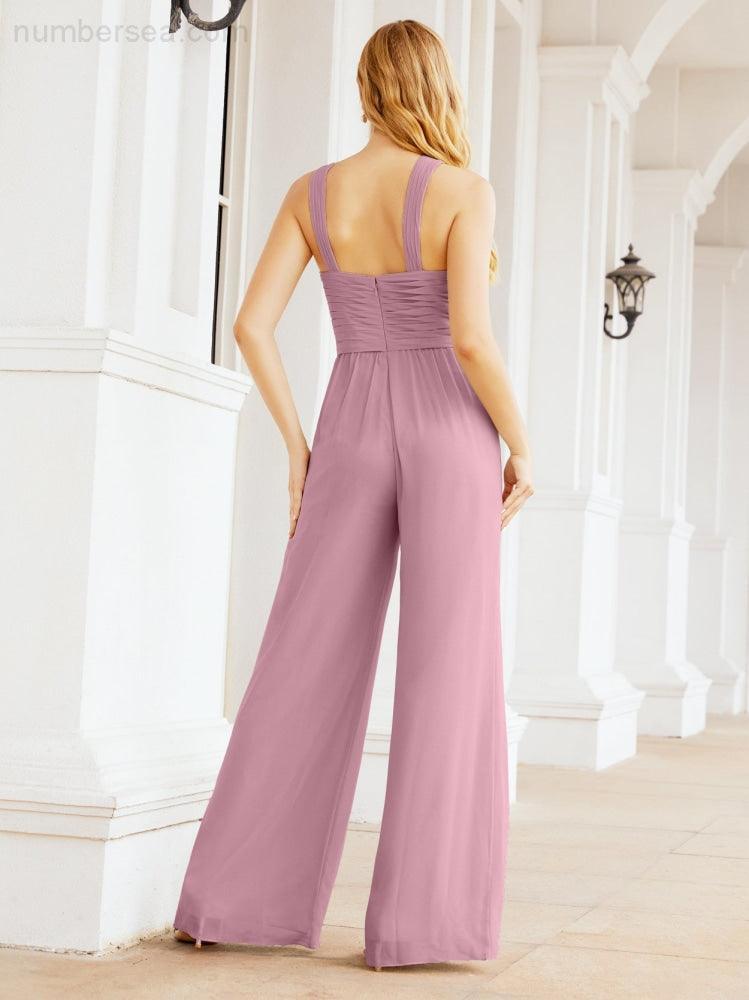 Tuta da sera elegante Numbersea con scollo incrociato, abito lungo per damigella, pantaloni a zampa d'elefante 28033