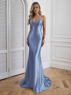 Light Blue Mermaid Prom Dress Rhinestone V Neck