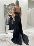 Black Mermaid Prom Dress With Cape Back And Lace Applique