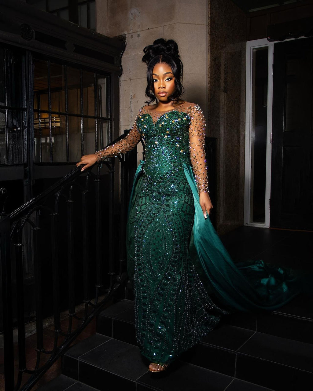 Emerald Empress Illusion Sleeve Beaded Mermaid Gown With Crystal Overskirt Train