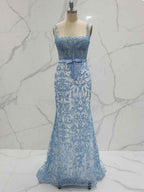 Blue Floral Sweetheart Corset Prom Dress With Spaghetti Straps