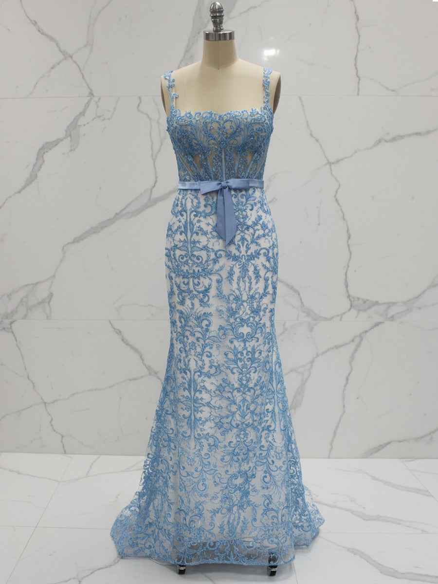 Blue Floral Sweetheart Corset Prom Dress With Spaghetti Straps