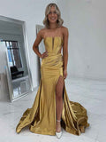 Simple Golden Mermaid Strapless Long Prom Dress With Slit