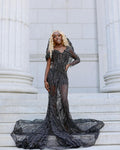 Black Royalty Geometric Beadwork Gown With V Neckline And Long Sheer Sleeves