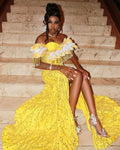 Golden Sunflower Off Shoulder Evening Gown White Floral Appliques Crystal Fringe