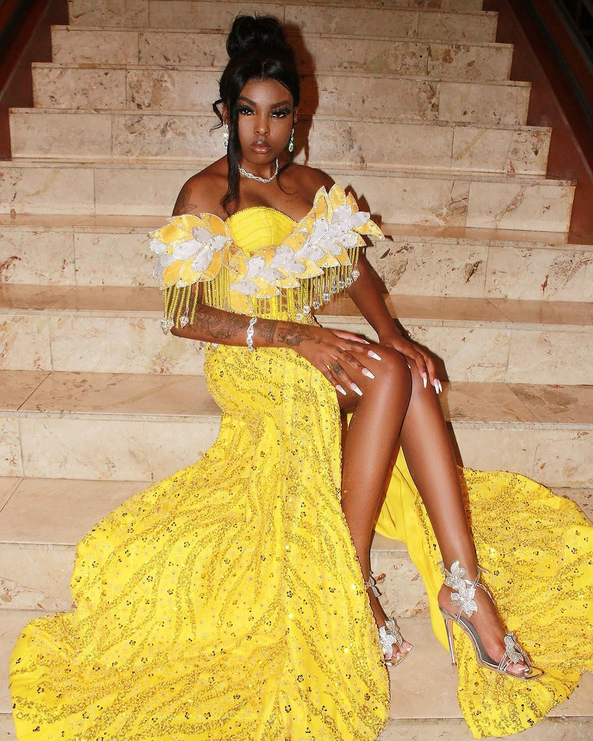 Golden Sunflower Off Shoulder Evening Gown White Floral Appliques Crystal Fringe