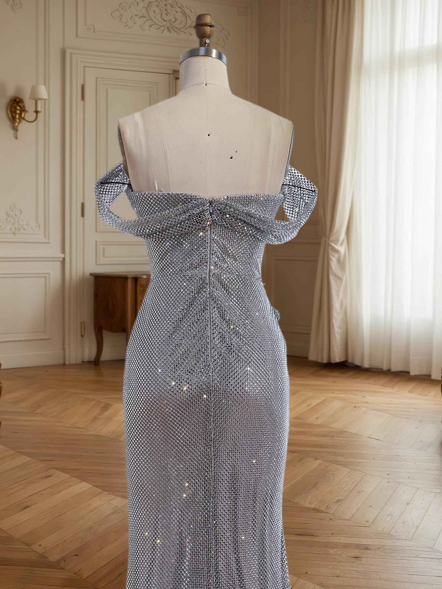 Silver Off Shoulder Sparkly Ruched Bodice Mesh Long Prom Dress With Slit