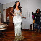 Silver Goddess Crystal Illusion Mermaid Gown With Sweetheart Neckline And Train