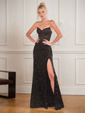Black Sequin Strapless Sheath Prom Dress With Sweetheart Corset High Leg Slit