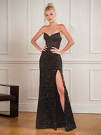 Black Sequin Strapless Sheath Prom Dress With Sweetheart Corset High Leg Slit