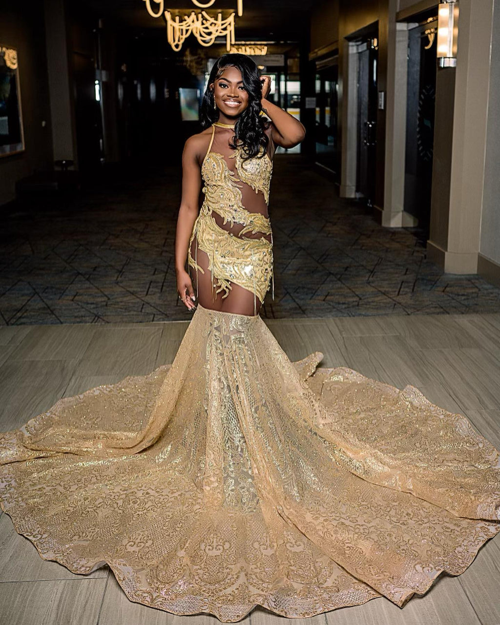 Champagne Gold Mermaid Prom Dress With Illusion Cutouts And Sequin Train