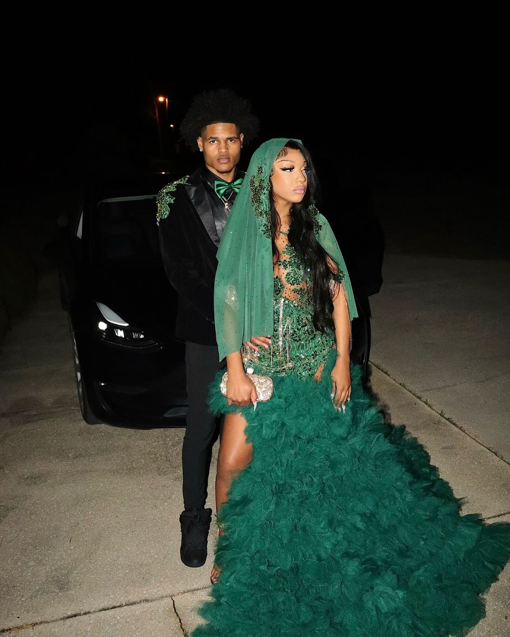Emerald Green Hooded Prom Dress For Black Girls Sparkly Bodice Tulle Train