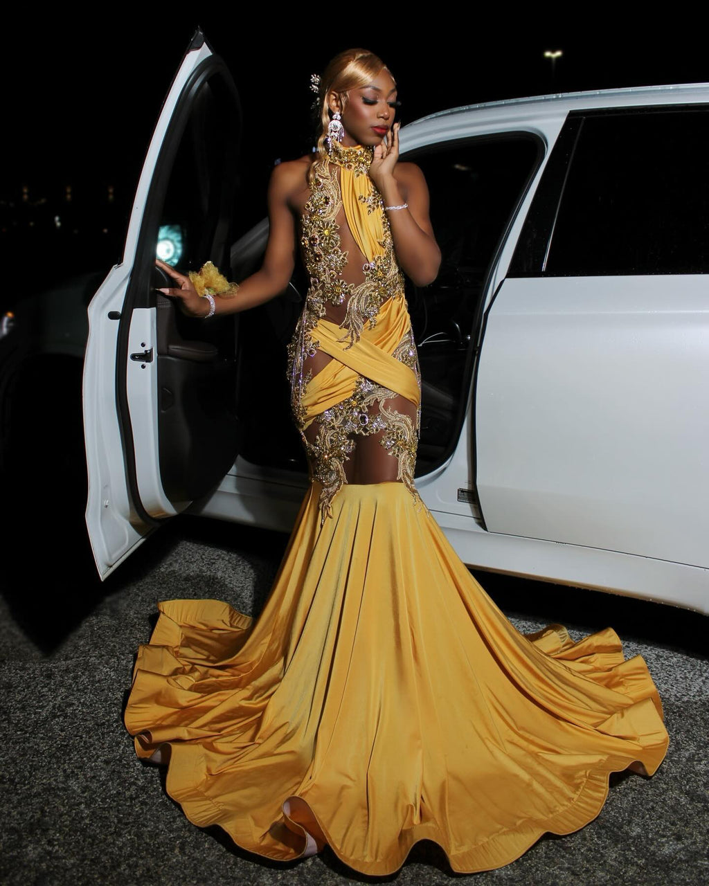Regal Golden Yellow Mermaid Prom Dress With 3D Embroidery And Illusion Cutouts