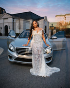 Silver Crystal Beaded Mermaid Gown Illusion Neckline And 3D Floral Appliques