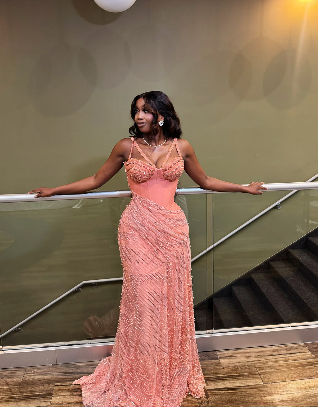 Peach Sorbet Sculptural Corset Mermaid Prom Dress With Pearl Beading