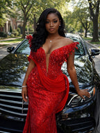 Scarlet Empress 3D Sculptural Beaded Mermaid Gown In Power Red