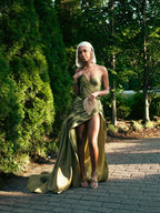 Olive Green Shimmer Prom Dress Goddess Style Ruched Bodice High Slit
