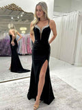 Sparkly Black Mermaid Prom Dress With Slit And Spaghetti Straps