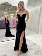 Sparkly Black Mermaid Prom Dress With Slit And Spaghetti Straps