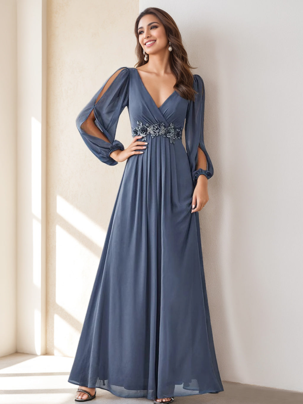 Elegant Floor Length A Line Princess V Neck Mother Of The Bride Dress Embroidery