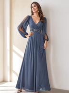 Elegant Floor Length A Line Princess V Neck Mother Of The Bride Dress Embroidery