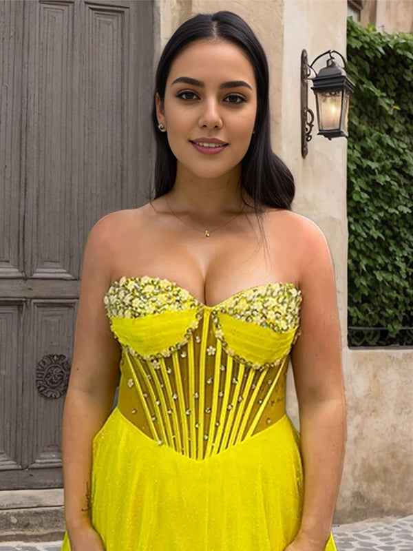 Yellow A Line Sweetheart Long Corset Prom Dress With Beaded Bodice