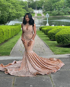 Rose Gold Sequin Prom Dress With Sculpted High Collar Mermaid Silhouette