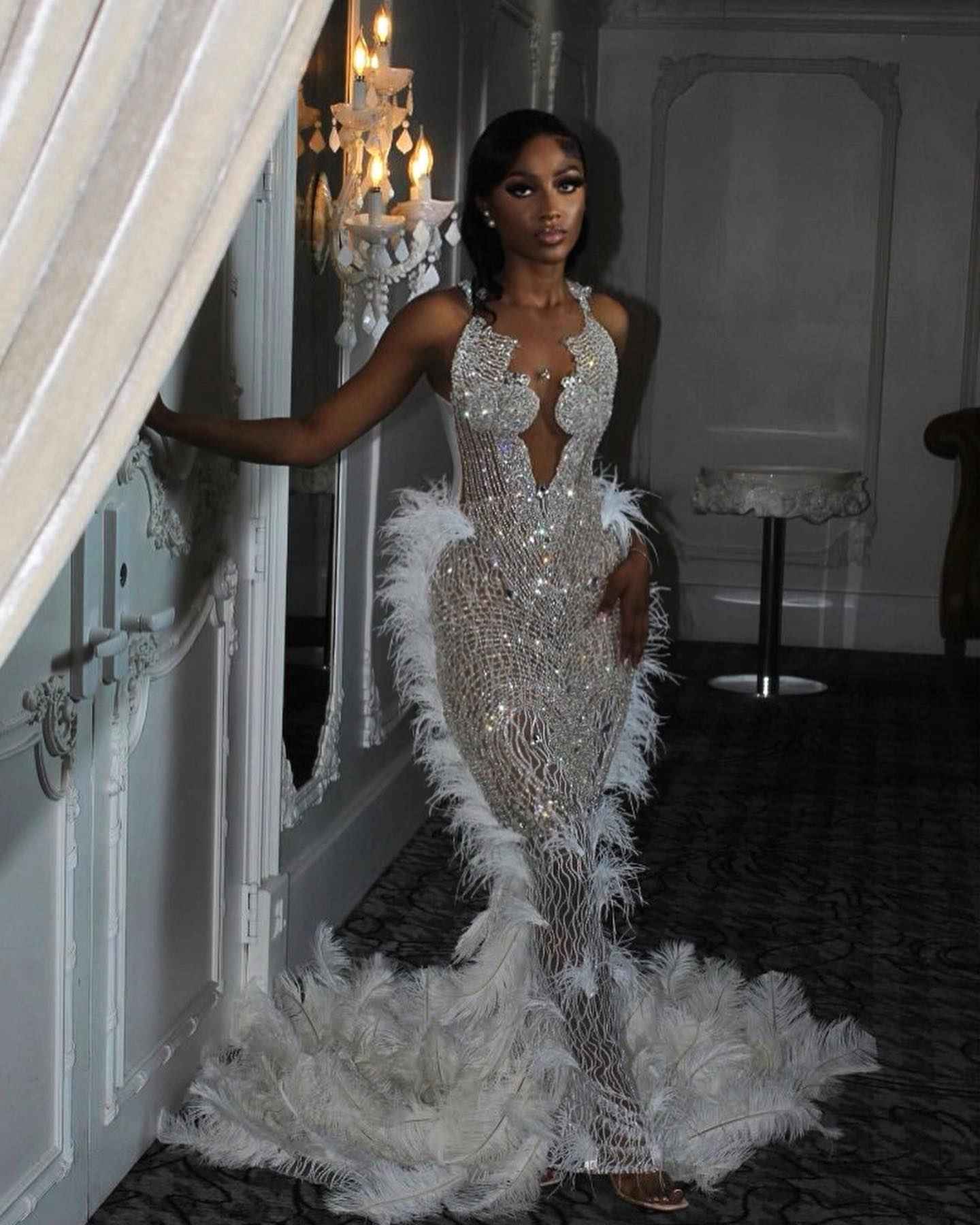 White Angel Crystal Beaded Mermaid Evening Gown With Plunging V Neck Open Back
