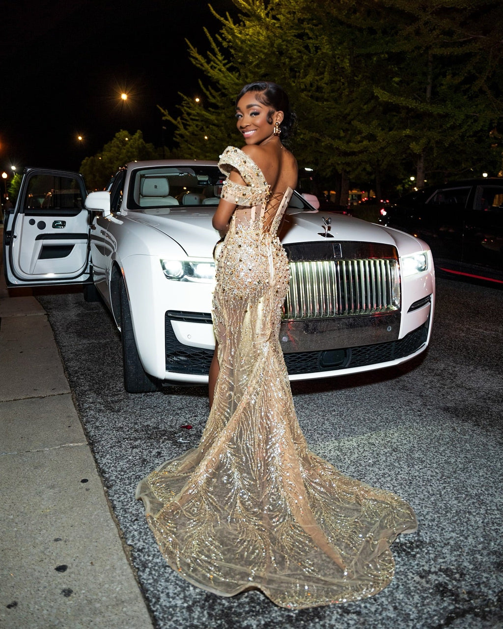 Golden Siren Champagne Gold Crystal Mermaid Gown Off Shoulder Bodice High Slit