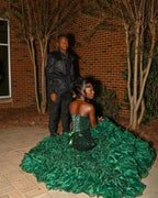 Emerald Forest Royale Sequin Mermaid Gown With Corset Back Cloud Ruffle Train