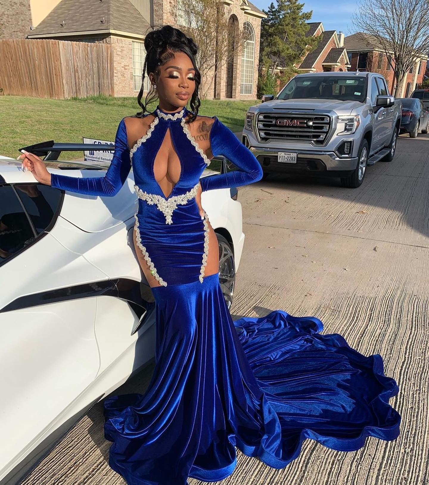 Sapphire Siren Royal Blue Velvet Mermaid Gown Crystal Vine Trim Illusion Cutouts