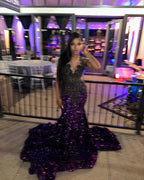 Midnight Amethyst Ombré Mermaid Gown Black Filigree Lace Purple Sequin Train