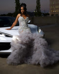 Silver Cloud Crystal Beaded Mermaid Gown Sweetheart Neckline Tulle Train