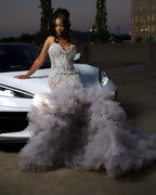 Silver Cloud Crystal Beaded Mermaid Gown Sweetheart Neckline Tulle Train