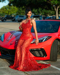 Red Sheer Illusion Beaded Mermaid Prom Dress With 3D Florals