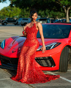 Red Sheer Illusion Beaded Mermaid Prom Dress With 3D Florals