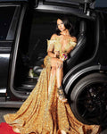 Golden Hour Glamour Beaded Fringe Mermaid Prom Dress Plunging Neckline