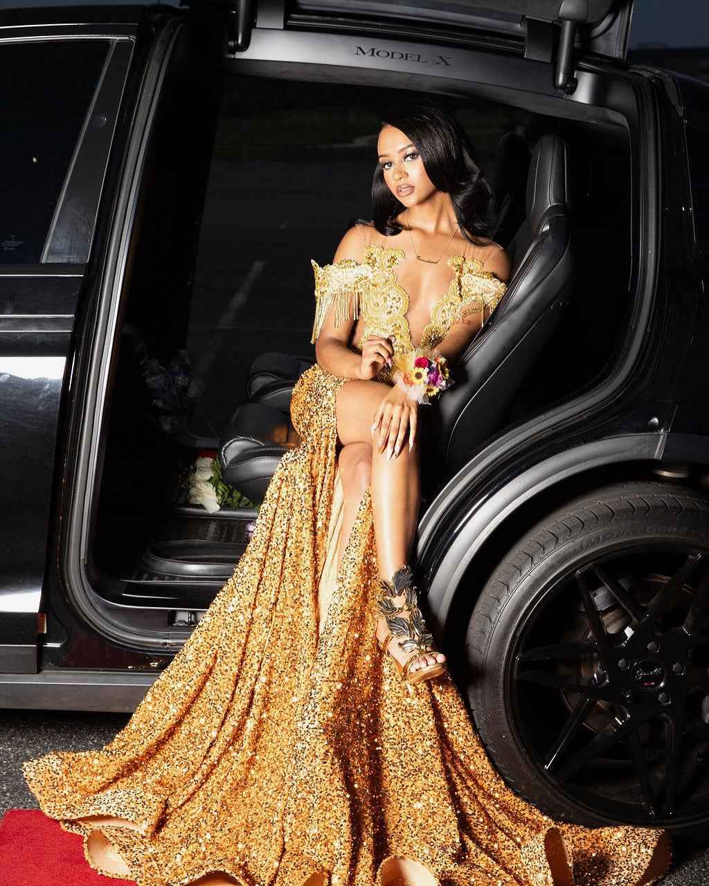 Golden Hour Glamour Beaded Fringe Mermaid Prom Dress Plunging Neckline