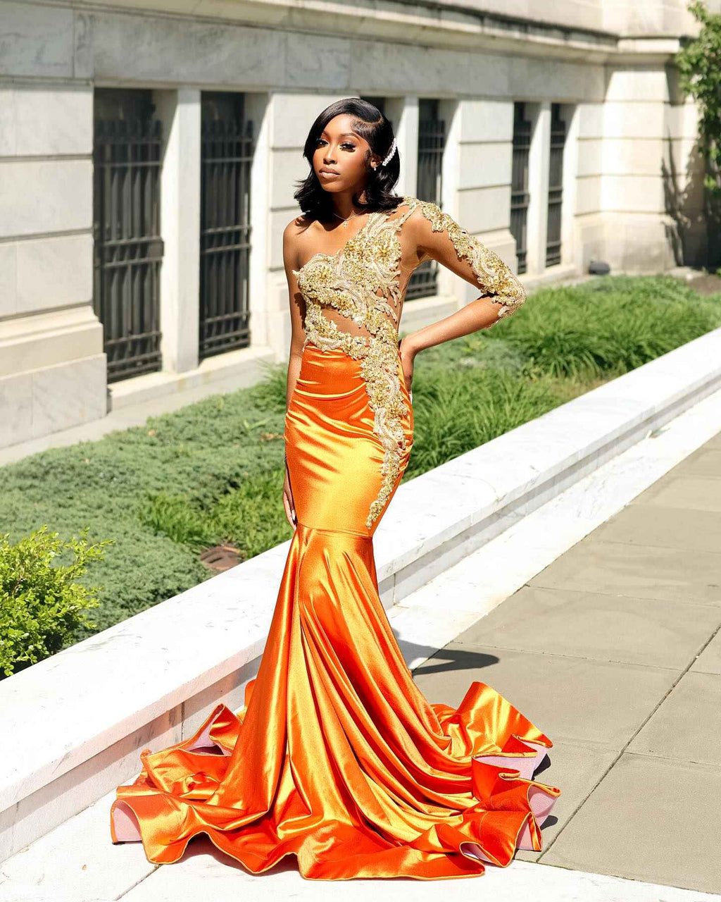 Orange Ombre Satin Mermaid Gown One Shoulder Lace Appliques Illusion Bodice
