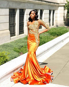 Orange Ombre Satin Mermaid Gown One Shoulder Lace Appliques Illusion Bodice