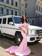 Pink Off Shoulder Sequin Beaded Mermaid Prom Dress With 3D Floral Details