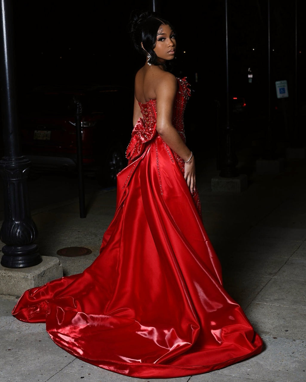 Red Mermaid Prom Dress With Detachable Satin Overskirt 3D Floral Beaded Corset