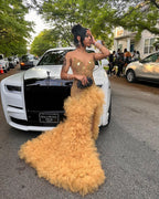 24K Goddess Gold Crystal Mermaid Prom Dress Illusion Bodice Ruffled Tulle 2026