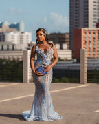 Icy Blue Butterfly Crystal Mermaid Prom Dress 2026 Luxury 3D Floral Gown